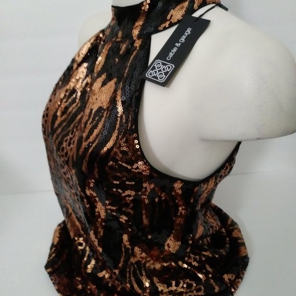 Cable & Gauge Black Gold Sequin Halter Top XS - Picture 2 of 13